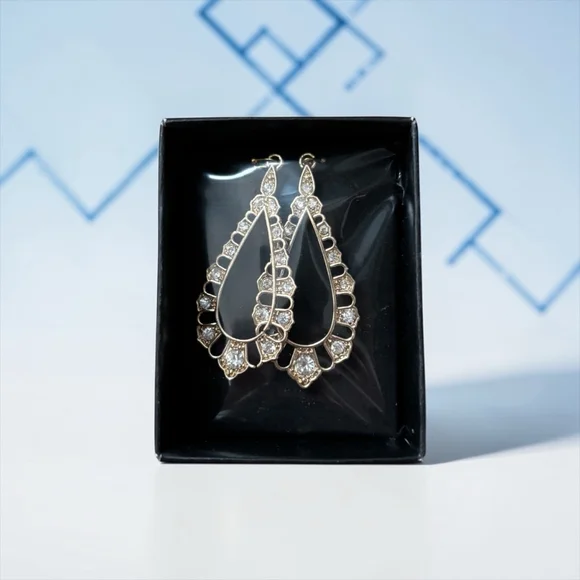Gold Tone Rhinestone Teardrop Dangle Earrings Elegant Statement Jewelry - Picture 2 of 3